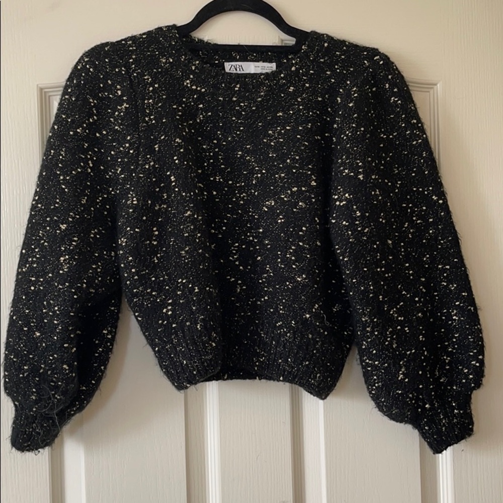 Zara sweater w/ metallic detail and puff shoulder